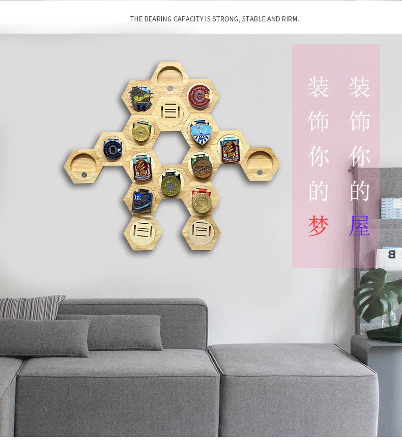 Wooden Hexagon Medal Display Stand Household Honeycomb Wooden Wall Medal Hanger